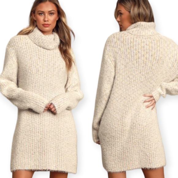 Lulus Dresses & Skirts - NWOT Lulu's Whispers Ivory Multi Eyelash Knit Turtleneck Sweater Dress Medium